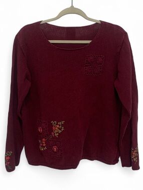 Y2K Embroidered Crochet Cottagecore Sweater - Burgundy